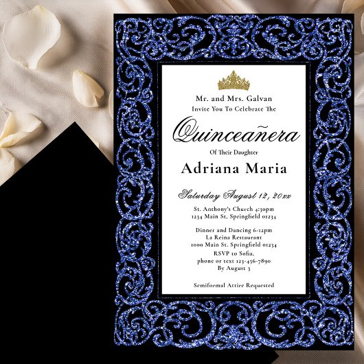 Elegant Quinceanera Invitation Blue Scrollwork