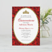 Elegant Quinceanera Invitation Gold Red Floral  (Debout devant)