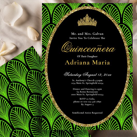 Elegant Quinceanera Invitation Green Art Deco