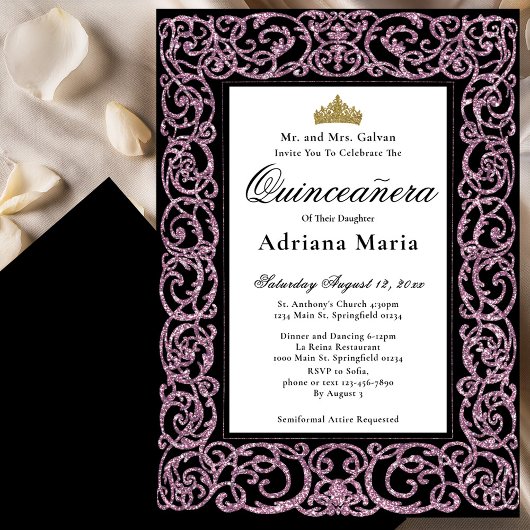 Elegant Quinceanera Invitation Pink Scrollwork