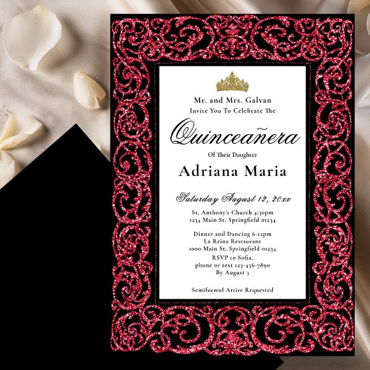 Elegant Quinceanera Invitation Red Scrollwork Kaart