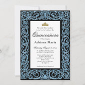 Elegant Quinceanera Invitation Sky Blue Scrollwork (Devant)