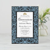 Elegant Quinceanera Invitation Sky Blue Scrollwork (Debout devant)