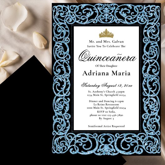 Elegant Quinceanera Invitation Sky Blue Scrollwork