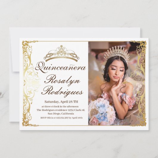Elégant Quinceanera Or blanc | Invitation photo (Devant)