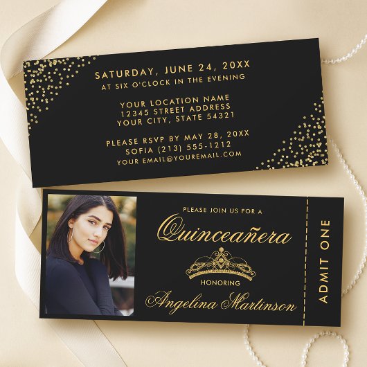 Elegant Quinceanera Photo Gold en Black Ticket Kaart