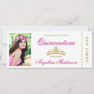 Elegant Quinceanera Photo Hot Pink and Gold Ticket Kaart