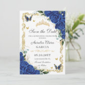 Elegant Quinceañera Royal Blue Bloemen Goud Save The Date (Staand voorkant)