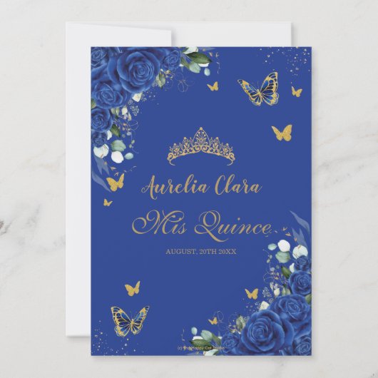 Elegant Quinceañera Royal Blue Bloemen Goud Save The Date (Achterkant)