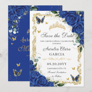 Elegant Quinceañera Royal Blue Bloemen Goud Save The Date