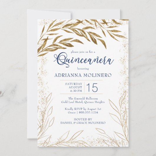 Elegant Quinceanera Royal Blue en Gold Leaves Kaart (Voorkant)