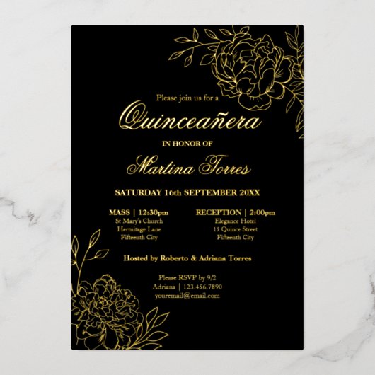 Elegant Quinceanera Sketch Floral Black en Gold Folie Uitnodiging (Voorkant)