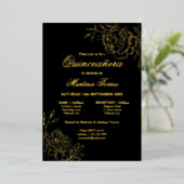 Elegant Quinceanera Sketch Floral Black en Gold Folie Uitnodiging (Staand Voorkant)