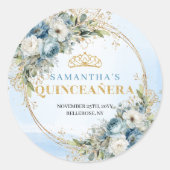 Elegant Quinceañera Sticker Blue Gold Greenery (Devant)