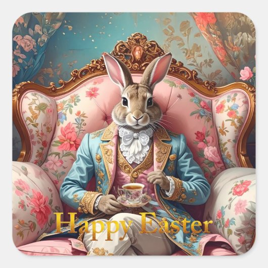 Elegant rabbit Drinking Tea Happy Easter Vierkante Sticker (Voorkant)