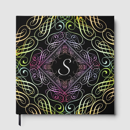 Elegant Rainbow Scrollwork Script op zwart Gastenboek (Voorkant)