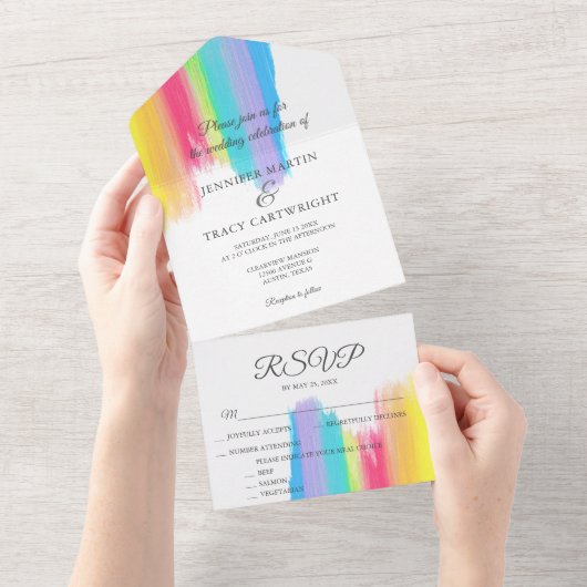 Elegant Rainbow Waterverf LGBTQ Wedding & RSVP All In One Uitnodiging (Afscheurbaar)