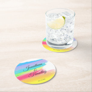 Elegant Rainbow Waterverf Moderne LGBTQ Weddenscha Ronde Kartonnen Onderzetter