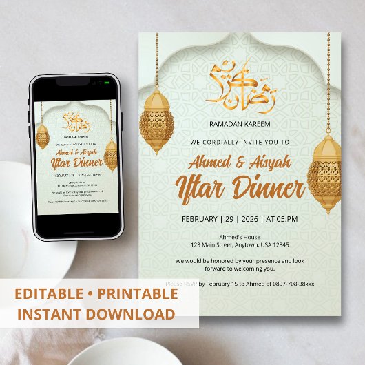 Elegant Ramadan Iftar Invitation with Gold Lantern Kaart