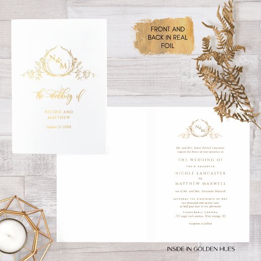 Elegant Real Gold Foil Monogram, officieel huwelij Folie Kaarten