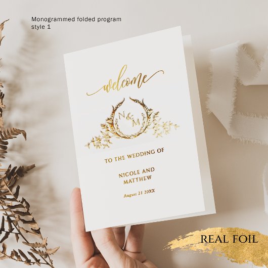 Elegant Real Gold Foil Monogram, Wedding Program Folie Kaarten
