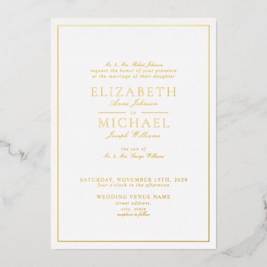 Elegant Real Gold Foil White Script Weddenschap Folie Uitnodiging (Voorkant)