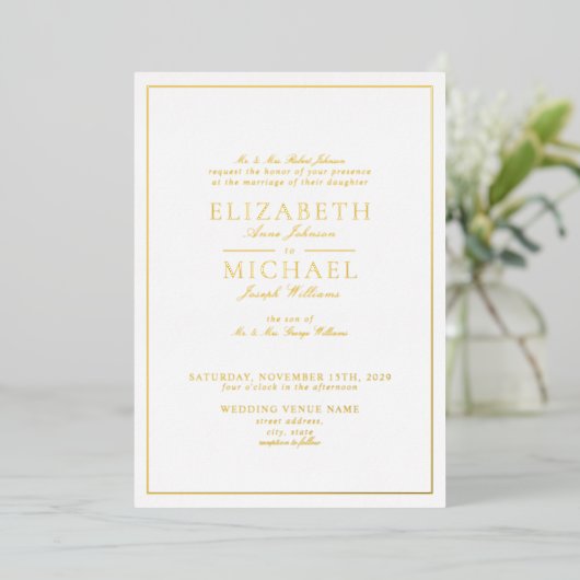 Elegant Real Gold Foil White Script Weddenschap Folie Uitnodiging (Staand Voorkant)