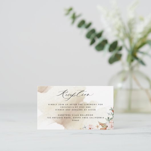Elegant Reception Beige Waterverf Earthy Blooms Informatiekaartje (Staand voorkant)