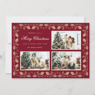 Elegant Red and Gold Family Foto met Kerstmis Feestdagenkaart