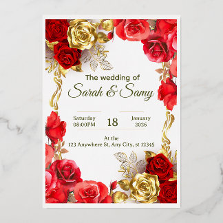 Elegant Red and Gold Floral Wedding Invitation Car