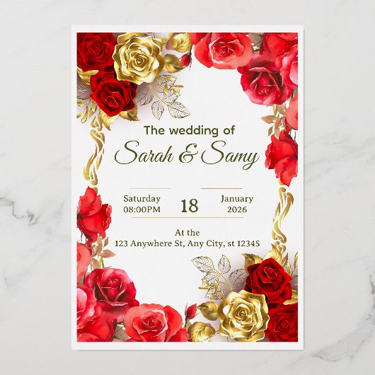 Elegant Red and Gold Floral Wedding Invitation Car (Recto)