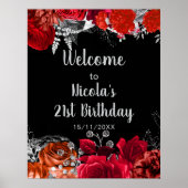 Elegant Red and Silver Flowers Birthday Part Poster (Voorkant)