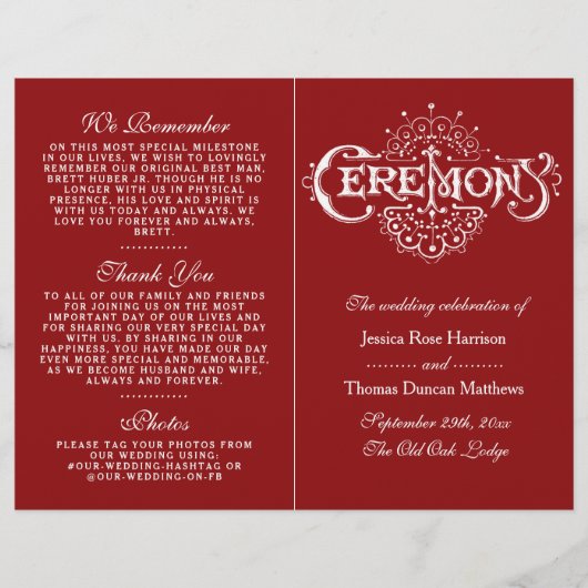 Elegant Red and White Wedding Ceremony Programma's (Voorkant)