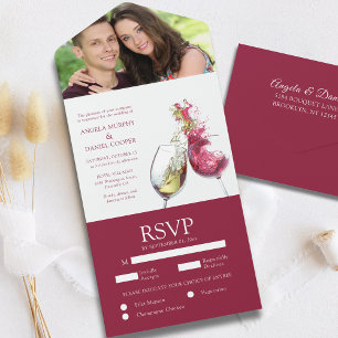 Elegant Red and White Wine Dance Photo Wedding All In One Uitnodiging