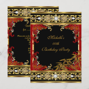 Elegant Red Asian Gold Bamboo Birthday Party Kaart