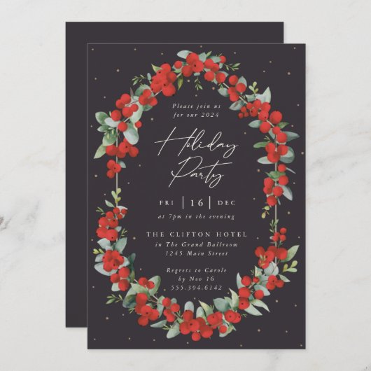 Elegant Red Berry + Eucalyptus Holiday Party Kaart (Voorkant / Achterkant)