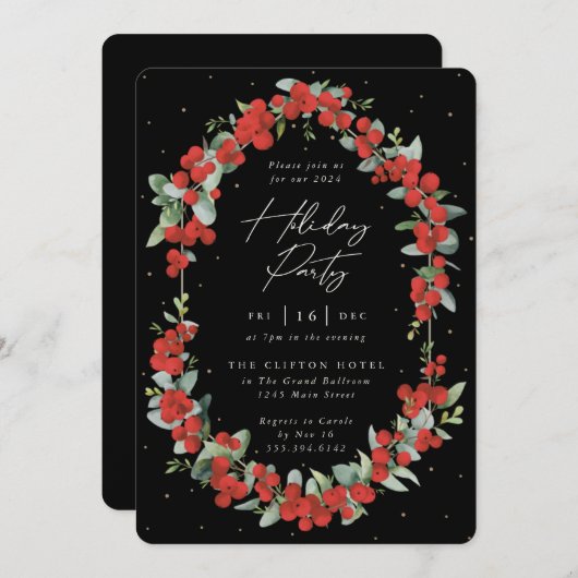 Elegant Red Berry + Eucalyptus Holiday Party Kaart (Voorkant / Achterkant)