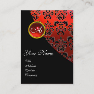 ELEGANT RED BLACK DAMASK RUBY GEMSTONE MONOGRAM, VISITEKAARTJE