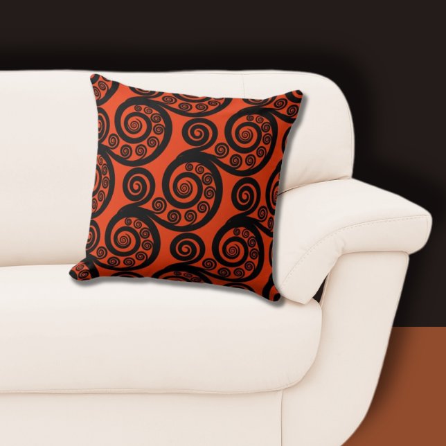 Elegant Red & Black Fern Frond Swirl Sierkussen (Red Orange Curl Pattern Throw Pillow)