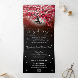 Elegant Red & Black Heart Leaf Wedding Drieluik Uitnodiging