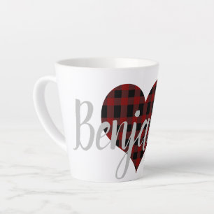 Elegant Red Black Heart Pset Tartan Monogrammen Latte Mok
