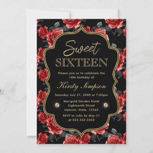 Elegant Red & Black Rozen met Gold Lijst Sweet 16 Kaart (Voorkant)