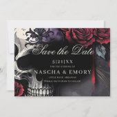 Elegant Red & Black Skull Roses Gothic Wedding Save The Date (Voorkant)