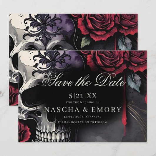 Elegant Red & Black Skull Roses Gothic Wedding Save The Date (Voorkant / Achterkant)