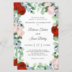 Elegant Red Blush Roos Greenery Wedding Invitation