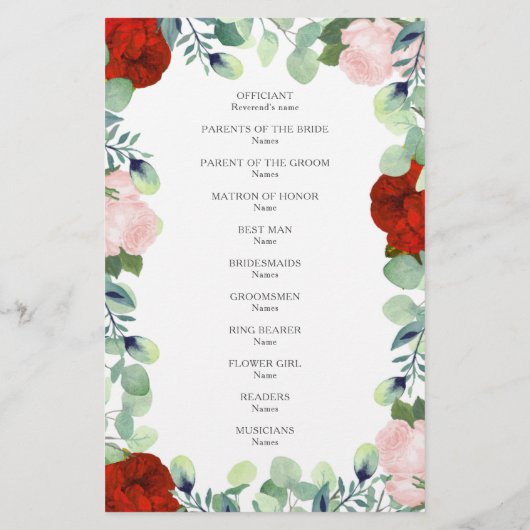 Elégant Red Blush Rose Green Wedding Programme (Dos)