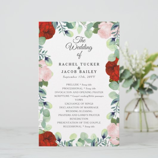 Elégant Red Blush Rose Green Wedding Programme (Debout devant)