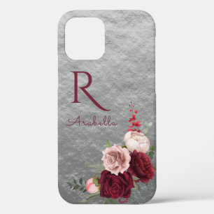 Elegant Red Blush Rozen met monogram op grijs iPhone 12 Hoesje