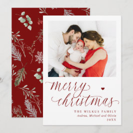 Elegant Red Botanical Merry 1 Photo Christmas Feestdagenkaart