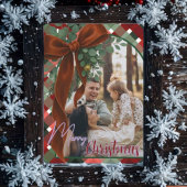 Elegant Red Bow Christmas Two Photo Feestdagenkaart